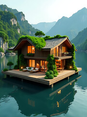 floating river hotel living green roof warm rustic aesthetic photorealistic
