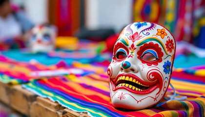 Vibrant bolivian festival mask on colorful textile.