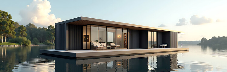 floating river hotel using recycled shipping containers minimalist scandinavian style photorealistic