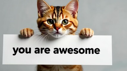 Adorable ginger kitten holding a white sign displaying the uplifting message you are awesome, radiating warmth and positivity while spreading joy and affection