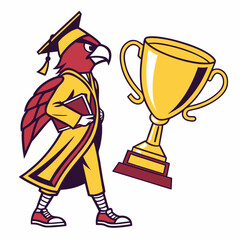 Graduate bird mascot holding book near trophy