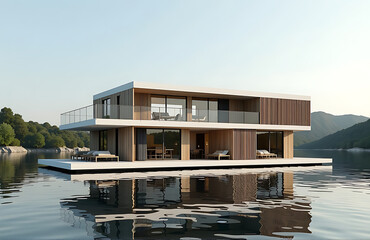 floating river hotel incorporating solar panel facades minimalist scandinavian style photorealistic