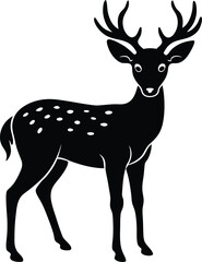 Stylized black and white image of a spotted deer standing calmly