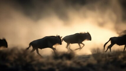 Herd of bulls charging across sandy terrain, kicking up dust and mist as sunlight filters through, capturing intense dynamic motion.

