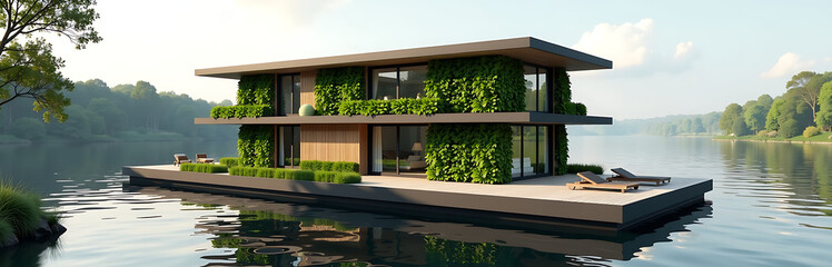 floating river hotel featuring vertical vegetable gardens minimalist scandinavian style photorealistic