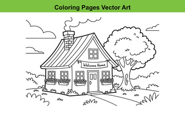 Fototapeta premium Cute house coloring page for kids vector illustration