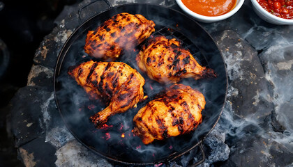 Jamaican festival grilled chicken with spices and sauces for culinary and travel enthusiasts.