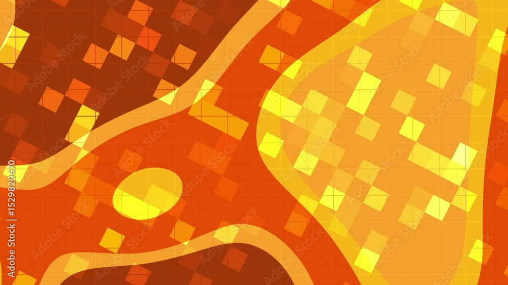 Poster abstract video with warm color palette, featuring orange and yellow pixelated shapes. dynamic, fluid