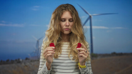 Woman grasps heart symbol to illustrate heartbreak outdoors as blonde young figure holds broken...