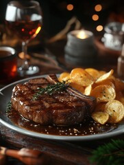 American steak at the bar with chips and gravy