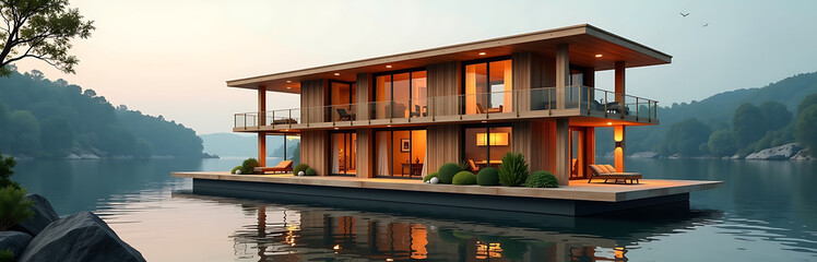floating river hotel featuring timber structure warm rustic aesthetic photorealistic