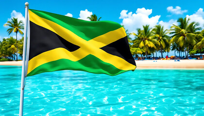 Vibrant jamaican festival celebration on tropical beach with flag.