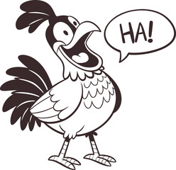 Cartoon rooster character laughing with speech bubble.