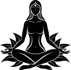 Silhouette of a woman sitting in lotus meditation on white background