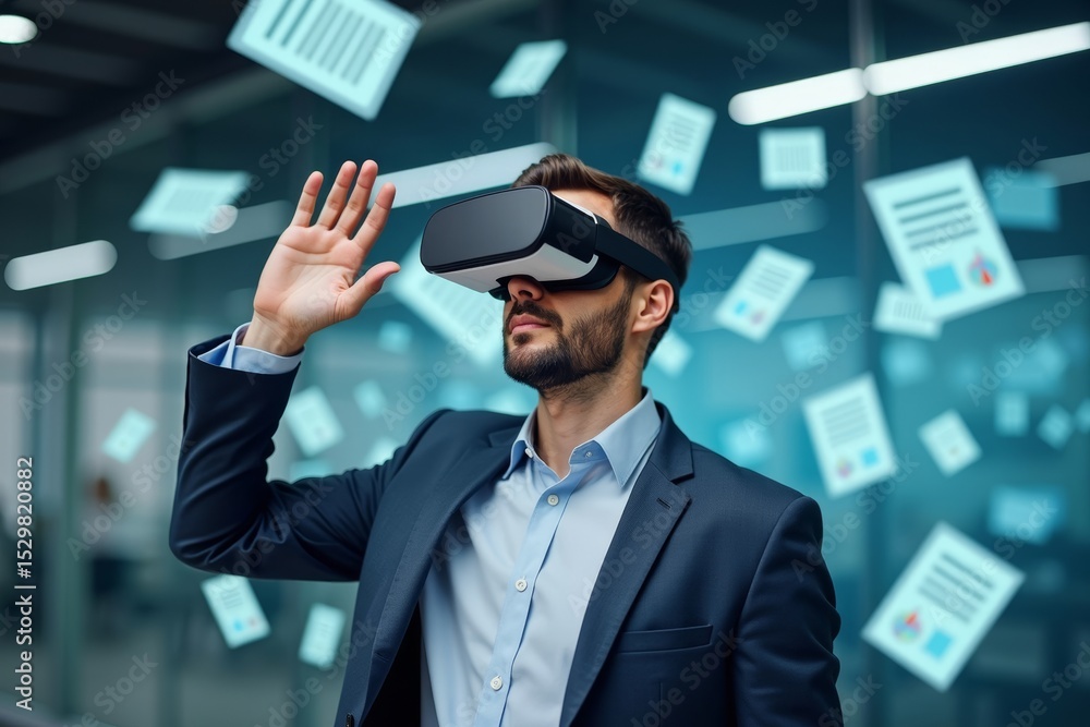Poster businessman immersed in virtual reality environment with floating documents and files