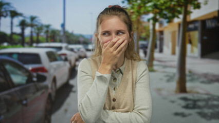 Woman covers mouth to laugh on street near blonde young outdoor city happy cars background.