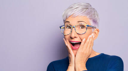 Surprised Elderly Woman Wearing Colorful Glasses Expressing Excitement in Studio