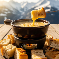 Traditional swiss fondue with bread in mountain setting for national day celebration.