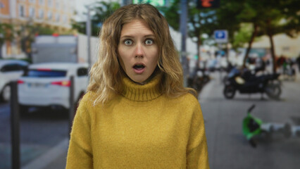 Woman face surprised street blonde young turtleneck city urban outdoors.