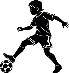 Silhouette of boy kicking soccer ball on white background