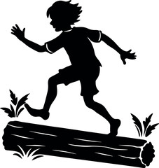 Silhouette of boy jumping over log on white background