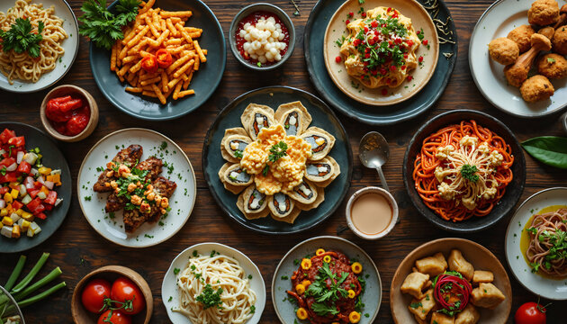 Multiple Plates of Food on a Wooden Table