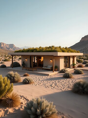 desert villa living green roof warm rustic aesthetic photorealistic