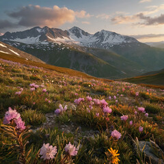 Fototapeta premium Lush Alpine Flower Field with Hare Under Golden Hour’s Vibrant Glow