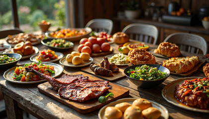 Fototapeta premium Table with Varied Food Dishes