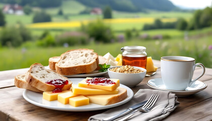 Scenic swiss national day breakfast with bread, cheese, and scenic countryside view.