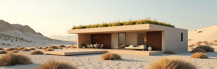 desert villa living green roof minimalist scandinavian style photorealistic