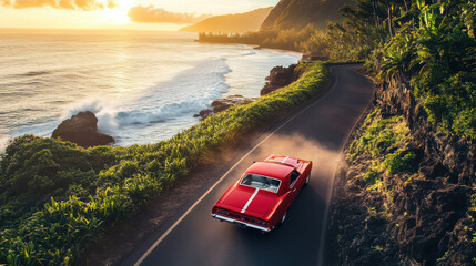 aerial view of a speeding red car on coastal road in hawaii with waves crashing