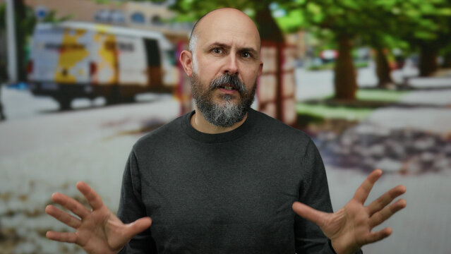 Bald bearded man gesturing outdoors on city street with vehicles and trees in background.