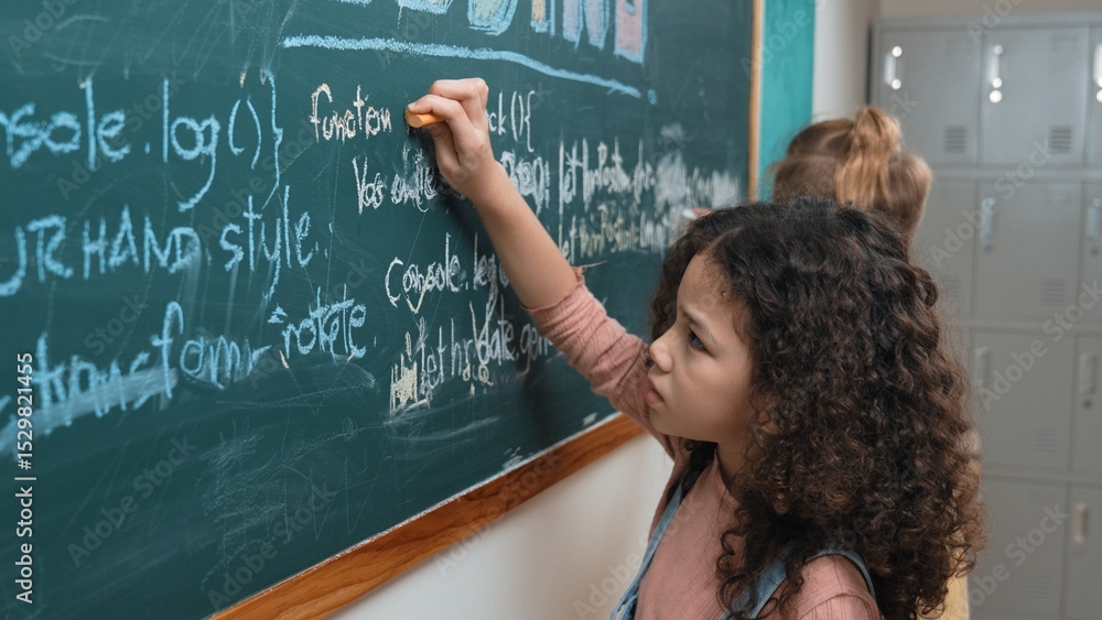 Poster american student studying coding engineering prompt while writing answer on blackboard. intelligence