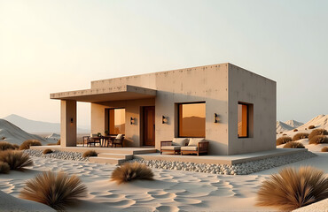 desert villa using recycled plastic blocks warm rustic aesthetic photorealistic