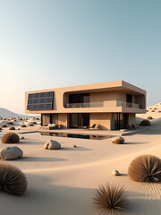 desert villa incorporating solar panel facades futuristic parametric design photorealistic