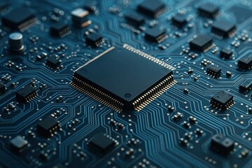 Fototapeta premium Computer processor on blue circuit board in high-tech design 