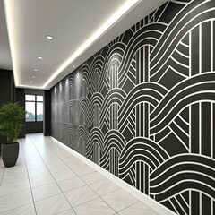 Modern Geometric Wall Mural with Abstract Waves and Clean Lines in a Contemporary Interior

