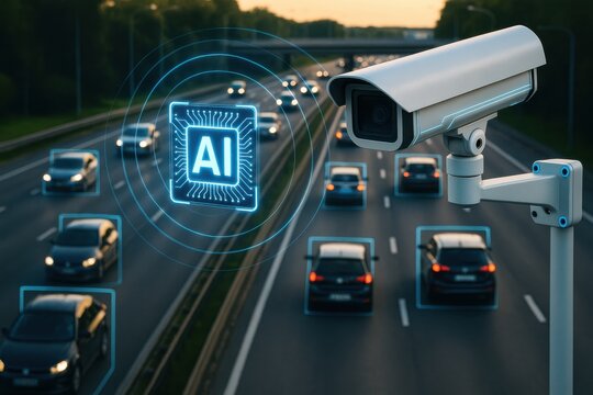 AI surveillance camera monitoring traffic on highway during sunset  