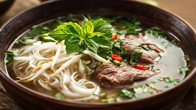 Close-up of a bowl of pho with beautiful lighting, steam rising to show its warmth and freshness, capturing the rich, aromatic Vietnamese soup.

