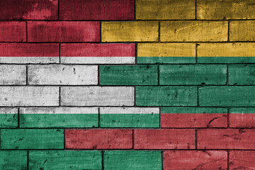 colourful painted big national flag of lithuania and flag of hungary on a massive old brick wall background. concept