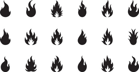 Fiery flame icons set a dangerous symbol of hot, burning elements