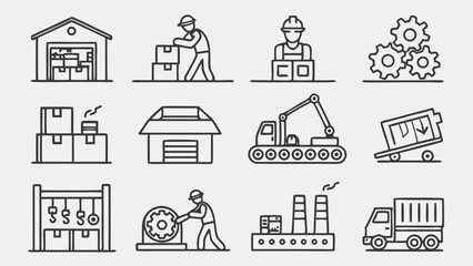 Illustrated outline of logistics manufacturing and production icons on transparent background