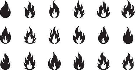 Flaming orange and yellow fire icons, vector symbols of hot burning heat and danger, are set as an illustration