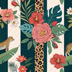 Floral and Animal Print Pattern with Tropical Leaves and Vibrant Flowers

