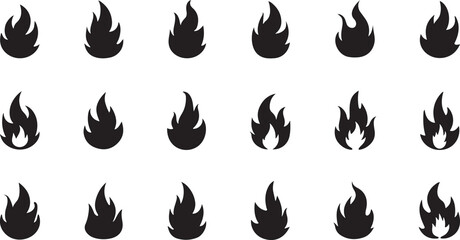 This fiery vector set offers a collection of flame icons, symbols, and warning illustrations, perfect for designs depicting heat and danger