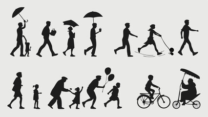 Naklejka premium Silhouettes of people in various activities walking and enjoying daily life
