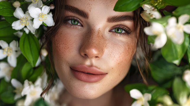 Portrait of a beautiful woman with natural skin and jasmine flowers