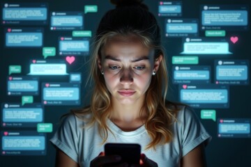 Distraught Teenage Girl Surrounded by Text Messages and Cyberbullying on Smartphone