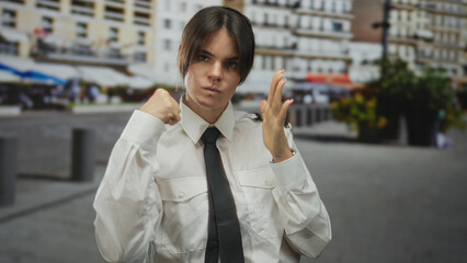 Young woman pilot in uniform performs fighting gesture on city street with determination showcasing...